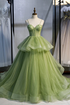 Green Tulle Spaghetti Strap Chapel Trailing Ball Gown GJS661